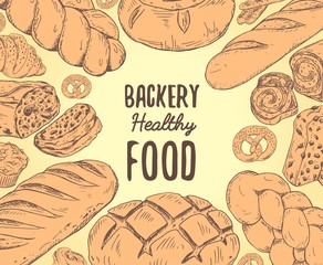 Vintage bread banner with text in the center. ulinary design with different kinds of baking. Vector template for bakery shop labels or menu, recipe design.