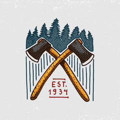coniferous forest, mountains and wooden logo. camping and wild nature. landscapes with pine trees and hills. emblem or badge, tent tourist, brown bear, travel for vintage labels. engraved hand drawn.