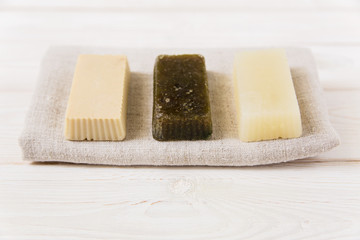 hand made soap on the cloth.natural organic cosmetic.