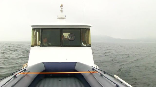 The Captain's cabin of the schooner going on misty ocean