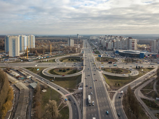 Naklejka na ściany i meble Aerial View of freeway traffic highway. Kiev, capital of Ukraine