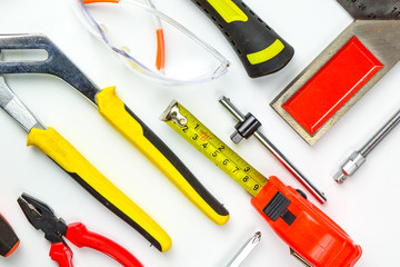 Different construction tools with Hand tools for home renovation on white background maintenance and reparing concept