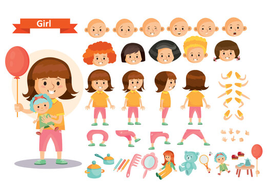 Girl kid playing toys vector cartoon child character constructor isolated icons of body parts, face emotions or gesture and haircut creation. Construction set of young girl child playing dolls