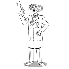 Mad doctor with syringe coloring book vector