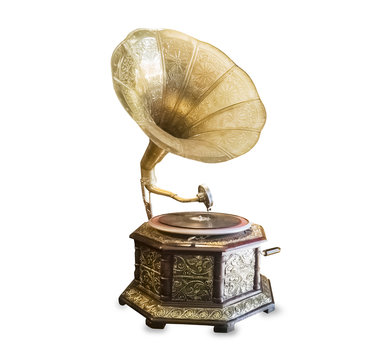 Old retro gramophone isolated over white