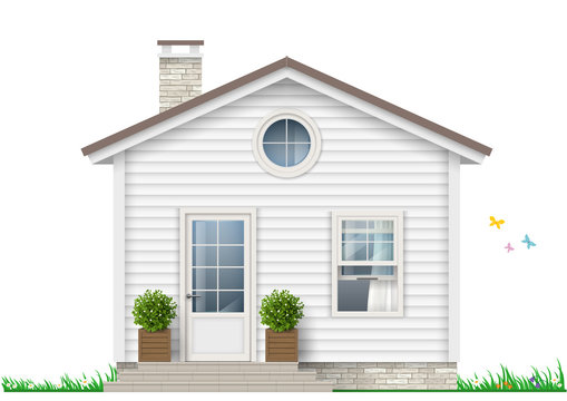 Beautiful white little house with trees in pots. Vector graphics