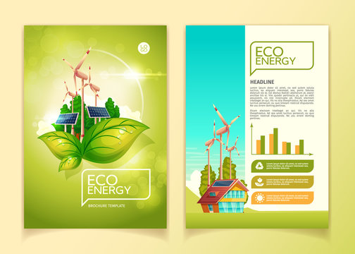 Eco energy concept brochure template vector illustration for green nature environment conservation and natural resources. Flat booklet design template of headlines and text presentation for ecology