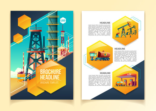 Oil industry brochure template vector illustration for oil refinery, producing company or refining plant. Flat geometric booklet design with headlines and text presentation templates of pipeline