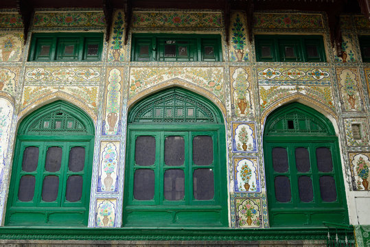 Detail of decorating the wall in a green uniquely wooden mosque, Shah E Hamdan in Srinagar, Jammu and Kashmir