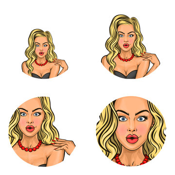 Vector Pop Art Avatars For Social Network Chat User Profile Or Blog Account Picture Icon Templates. Young Woman Amazed Or Glamor Blonde Girl With Rounded Lips Surprised Expression. Retro Sketch Set