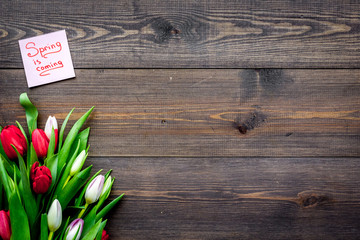 First spring flowers. Bouquet of colorful tulips near Spring is coming note on dark wooden background top view copy space