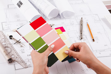 Interior designer working with palette closeup