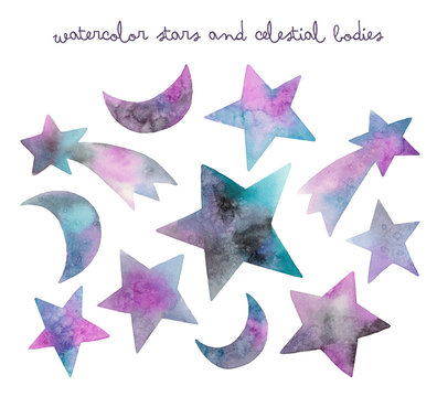 watercolor stars and celestial bodies. isolated elements on a white background