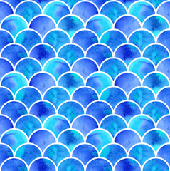 Fototapeta premium watercolor blue scales of mermaid. seamless pattern