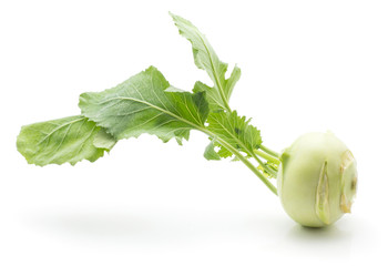 Kohlrabi (German turnip or turnip cabbage) with fresh leaves isolated on white background one bulb...
