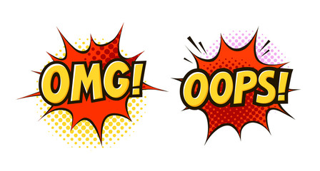OMG, OOPS in pop art retro comic style. Cartoon slang vector illustration