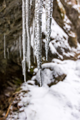 Slovakia national park Mala Fatra, Janosikove diery, Terchova village. Paths in the frost, winter. Hiking and tourism in Slovakia, central Europe