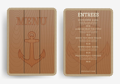 Anchor on the wooden board. Restaurant, Bar, Cafe menu template. Rope frame. Business card, flyer, vip card and gift voucher. Vector design.