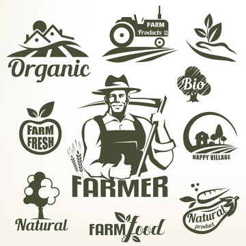 organic, bio or farm food emblems collection, stylized symbols set of natural products