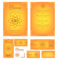 Chinese food restaurant menu template. Branding. Business card, flyer, vip card and gift voucher. Vector design