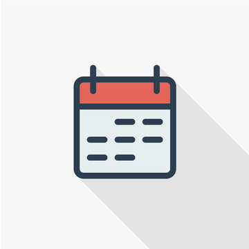 calendar thin line flat color icon. Linear vector illustration. Pictogram isolated on white background. Colorful long shadow design.