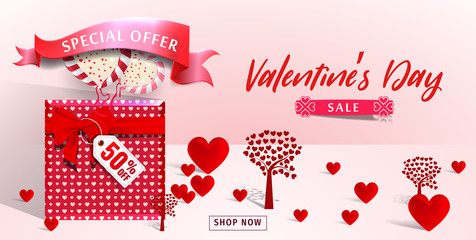 Fototapeta na wymiar Promo Web Banner for Valentine's Day Sale. Valentines Day Sale banner. Vector illustration.