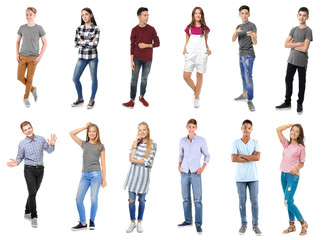 Collage with stylish teenagers on white background