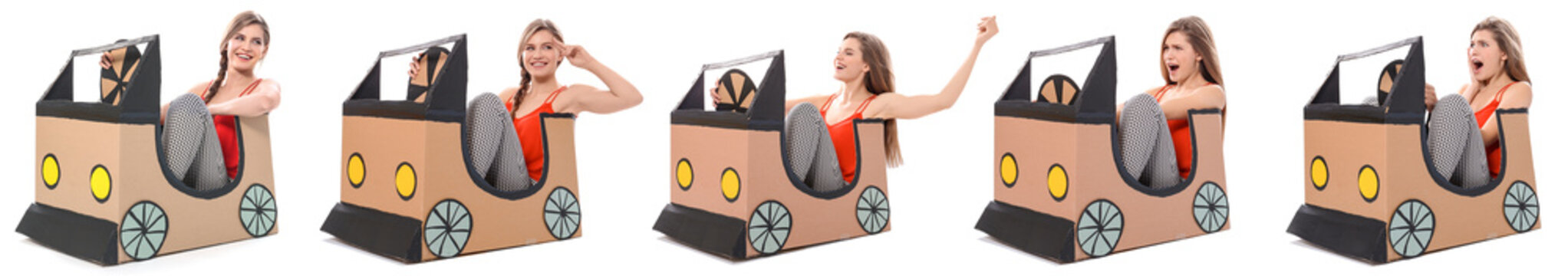 Collage of young woman playing with cardboard car on white background. Dream of buying own auto