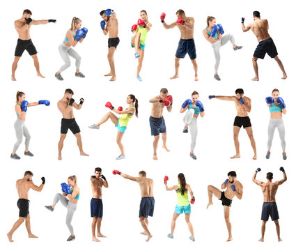 Set of boxers training on white background