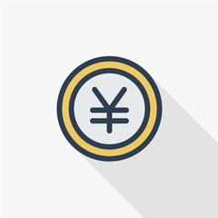 coin yen, money, finance, currency thin line flat color icon. Linear vector illustration. Pictogram isolated on white background. Colorful long shadow design.