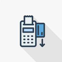 POS terminals with approved, receipts, inserted credit cards. Tick and rejected on displays. Checkout, terminal payment, pay with credit card icon. Flat design graphic elements. Vector.