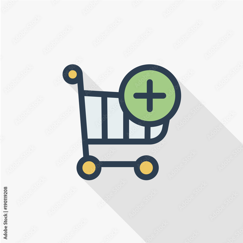 Poster add shopping cart with plus thin line flat color icon. linear vector illustration. pictogram isolate