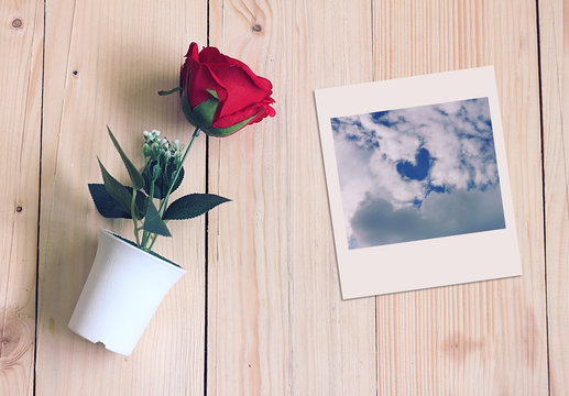 Rose in white pot and cloud shape heart picture on wood background.