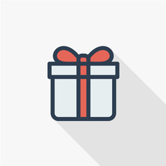 gift box thin line flat color icon. Linear vector illustration. Pictogram isolated on white background. Colorful long shadow design.