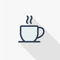 coffee cup thin line flat color icon. Linear vector illustration. Pictogram isolated on white background. Colorful long shadow design.