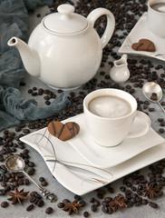Two cups of coffee and heart shaped cookies on vintage background. Close-up, selective focus, shallow depth of field. A concept for Valentine's day, engagement and other romantic events