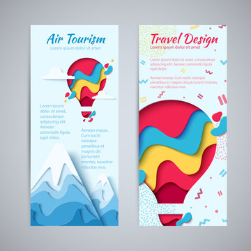 Travel design flyer template set paper art concept of hot air balloon in sky with clouds over mountains. Vector travel origami paper cut vertical banners set
