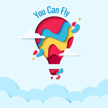 You Can Fly paper art concept background of hot air balloon in sky with clouds. Vector travel origami paper cut banner