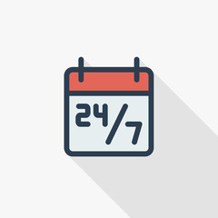 24 7 hours service, schedule on calendar thin line flat color icon. Linear vector illustration. Pictogram isolated on white background. Colorful long shadow design.