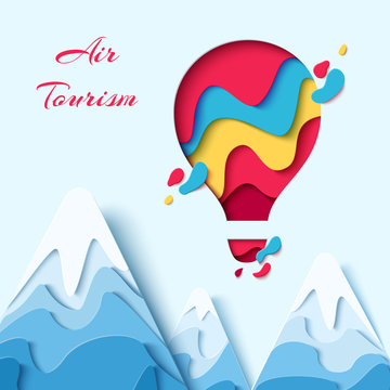 Air tourism paper art concept of hot air balloon in sky with clouds over mountains. Vector travel origami paper cut banner