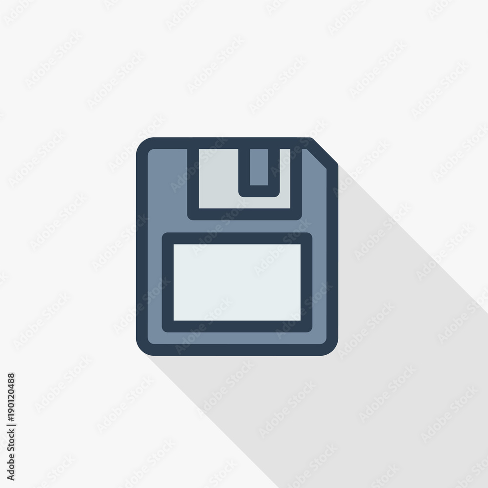 Poster save data, diskette thin line flat color icon. linear vector illustration. pictogram isolated on whi