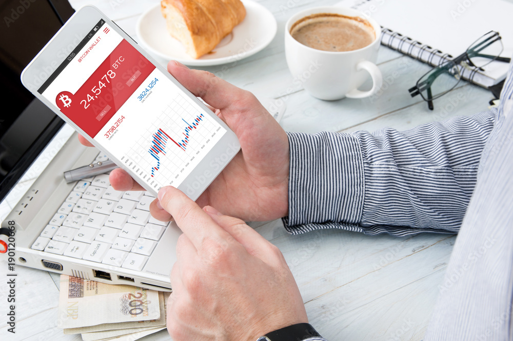 Poster man checks bitcoin rate at forex market application. smartphone interface created in graphic program