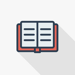 Open book thin line flat color icon. Linear vector illustration. Pictogram isolated on white background. Colorful long shadow design.