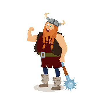 Viking cartoon character. A muscular fat boastful red-bearded man armed with a mace with spikes. Vector illustration. Flat style.