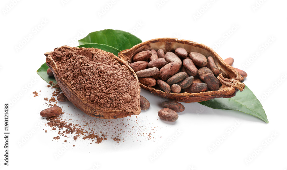 Sticker halves of ripe cocoa pod with beans and powder on white background