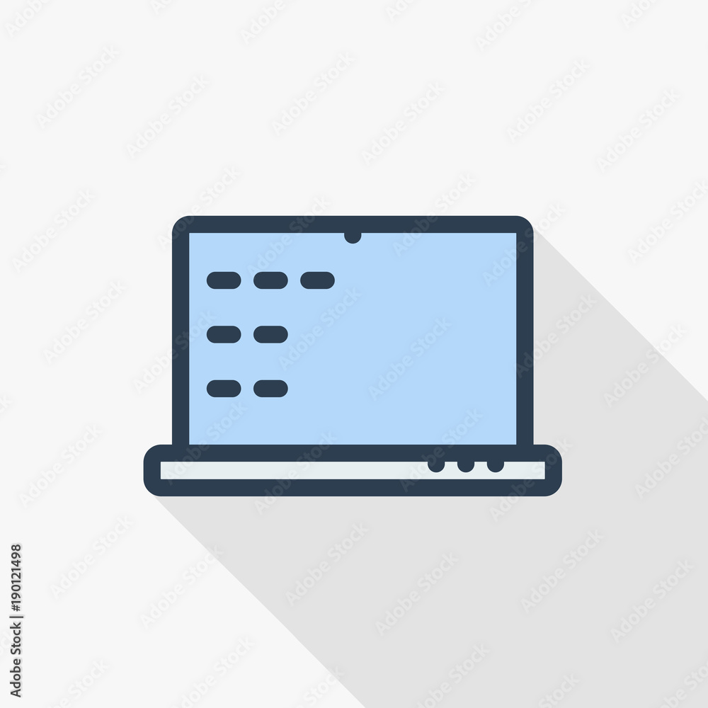Poster laptop computer, notebook thin line flat color icon. linear vector illustration. pictogram isolated 