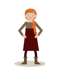 Viking cartoon character. Redheaded teenage girl in red dress. Vector illustration. Flat style.