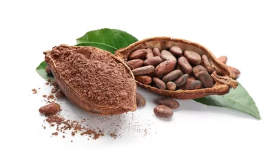 Fotobehang Halves of ripe cocoa pod with beans and powder on white background © Africa Studio