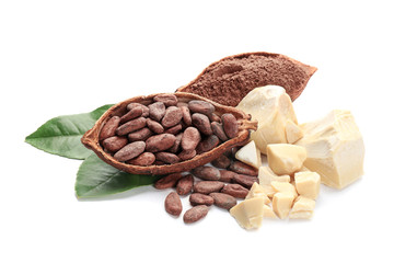 Composition with healthy cocoa products on white background