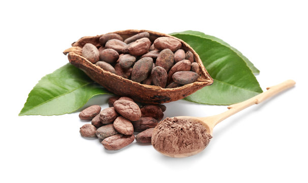 Half of ripe cocoa pod with beans and spoon with powder on white background